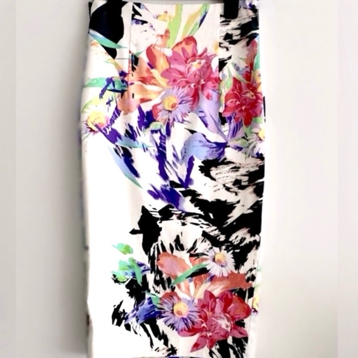 Marciano White Floral Midi Pencil Skirt With Multicolor Print